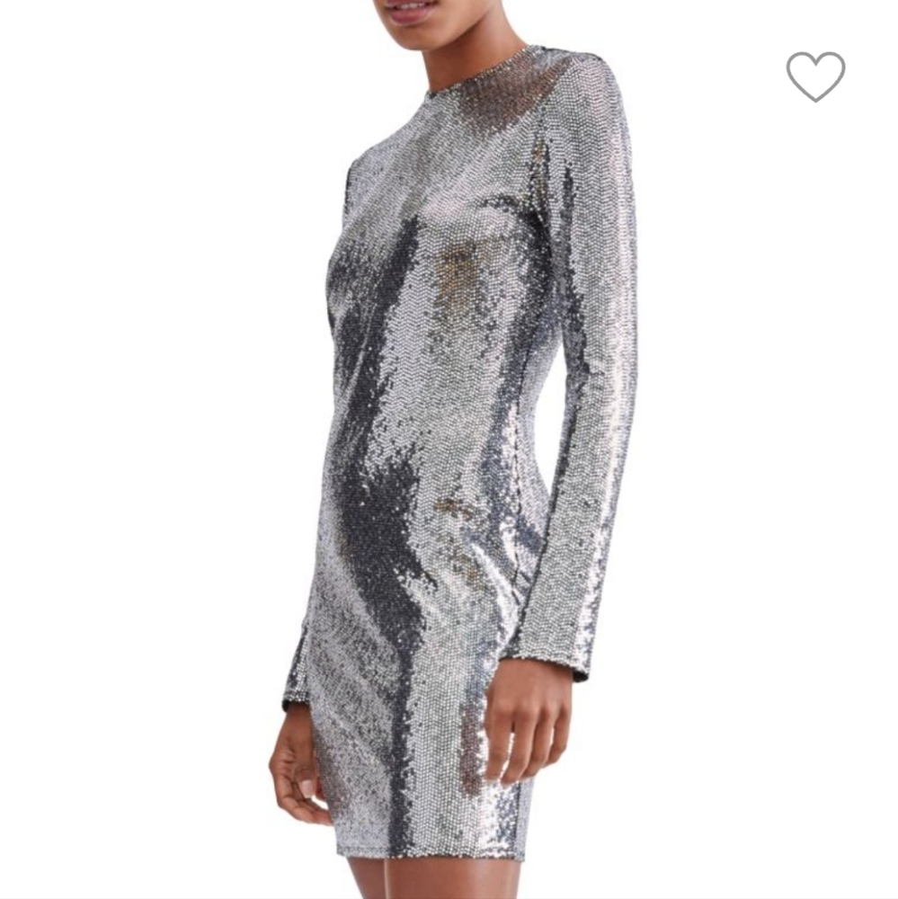 NWT 7 For All Mankind Long Sleeved Silver Mirrored Sequined Mini Dress XS